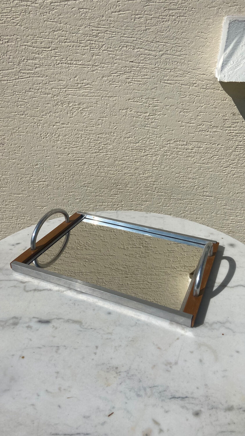 Chrome mirror tray and vintage wood 1940 / 50