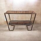 1970s console, minimalist design, burnished brass and glass, Mid-Century style.