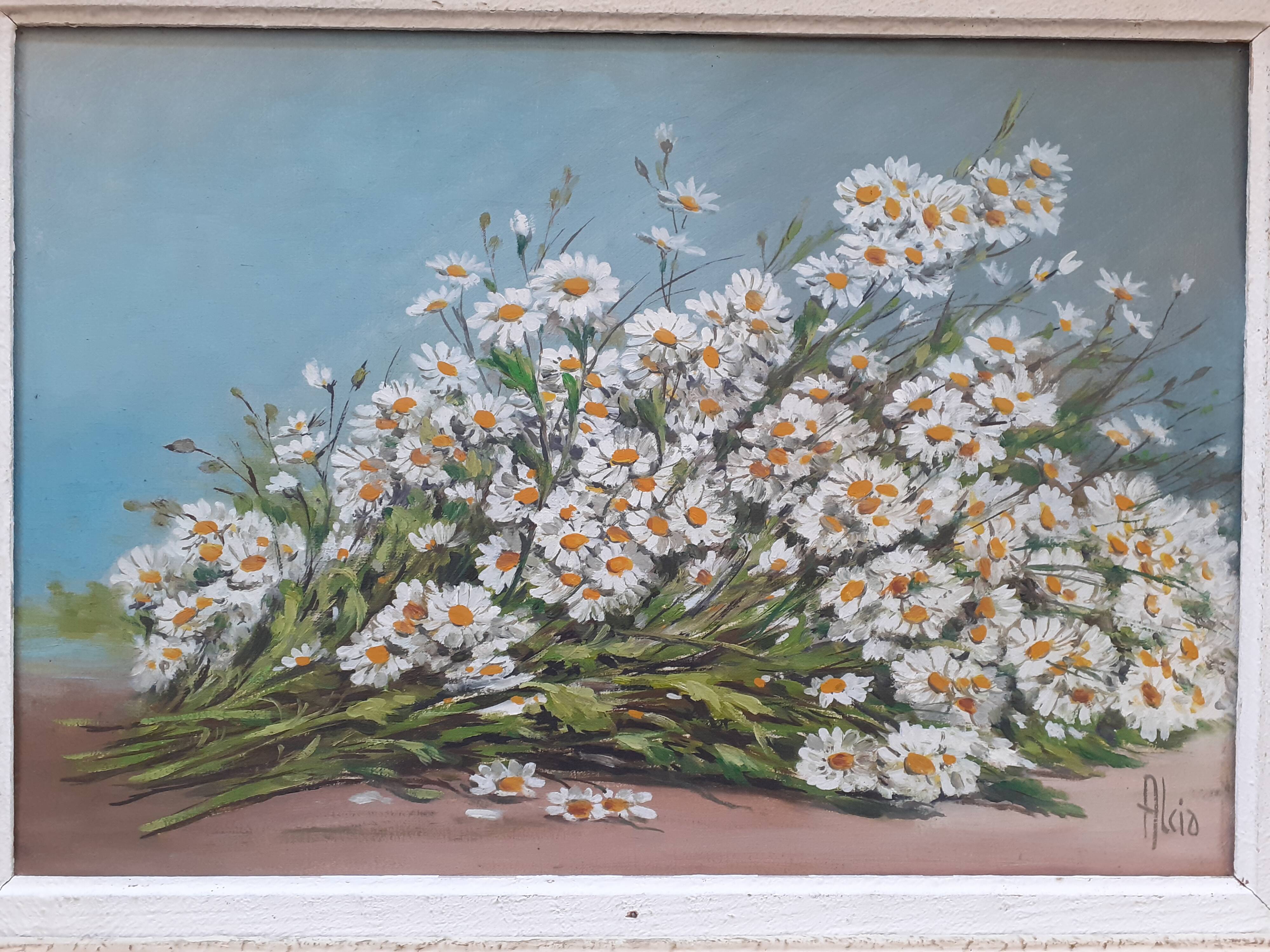Vintage still life painting with daisies