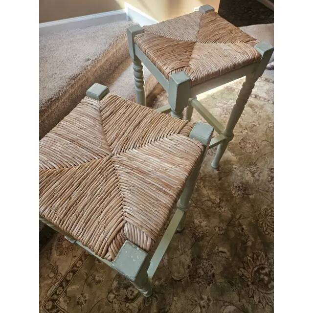 Vintage European Rustic Painted Straw Bar Stools - Set of 2