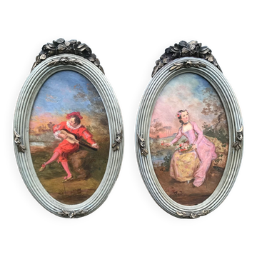 Paire de tableaux romantiques anonymes à vues ovales