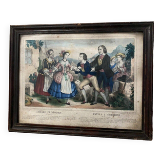 Gravure du XIXe rehaussée en couleurs Estelle et Némorin cadre baguette
