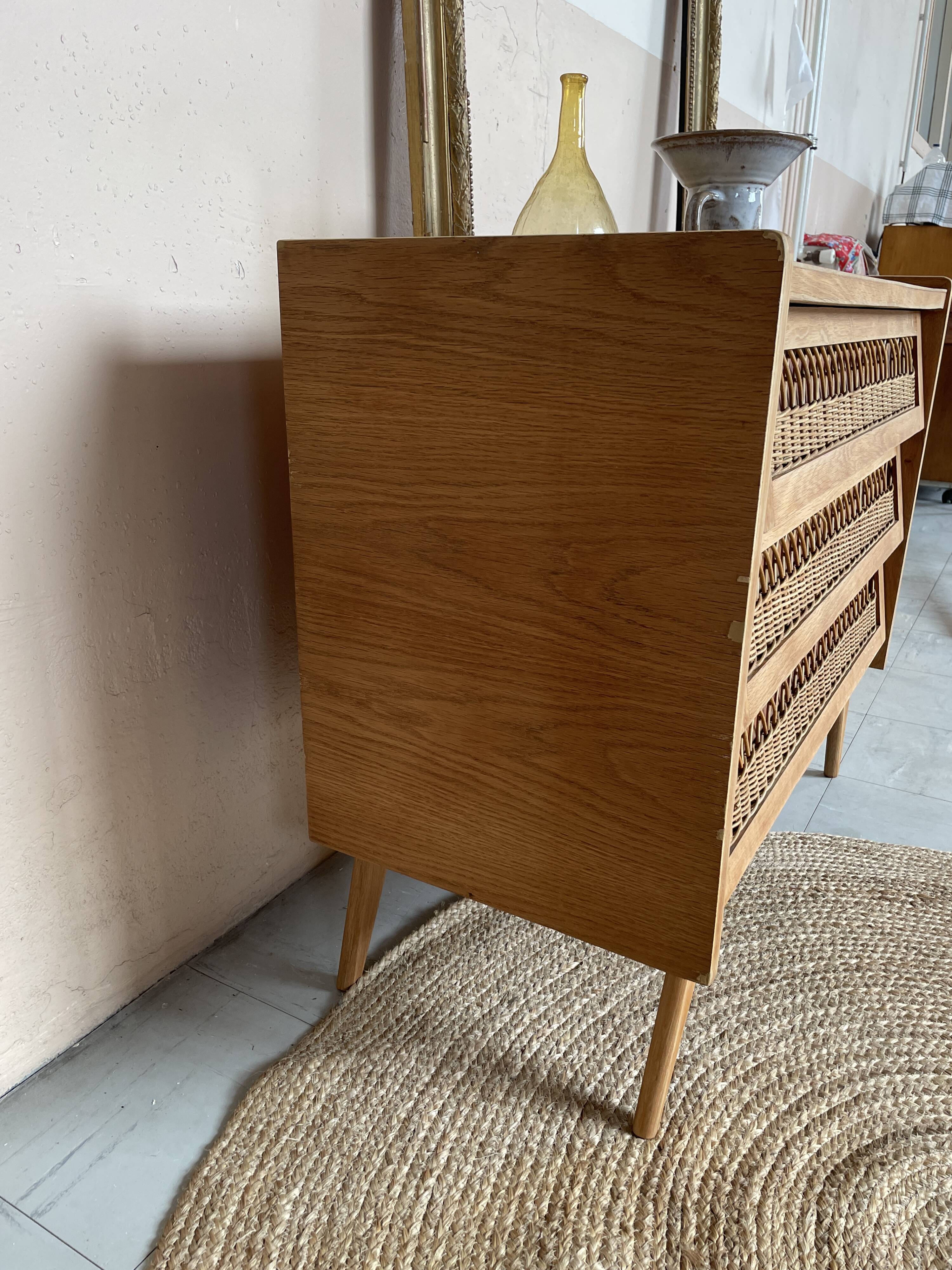 Commode Vintage Bois et Rotin
