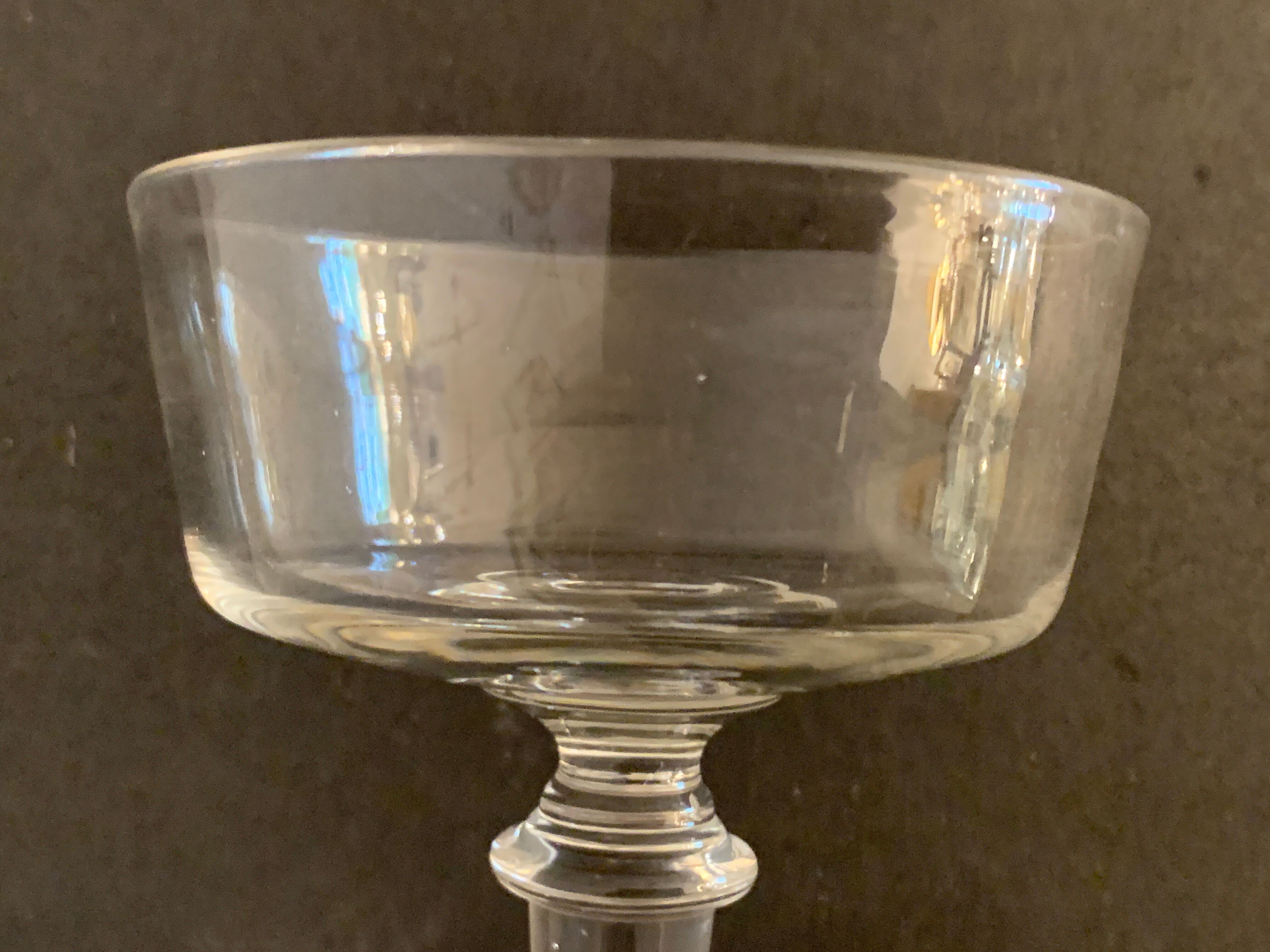 3 old champagne cups in blown and bubbled glass