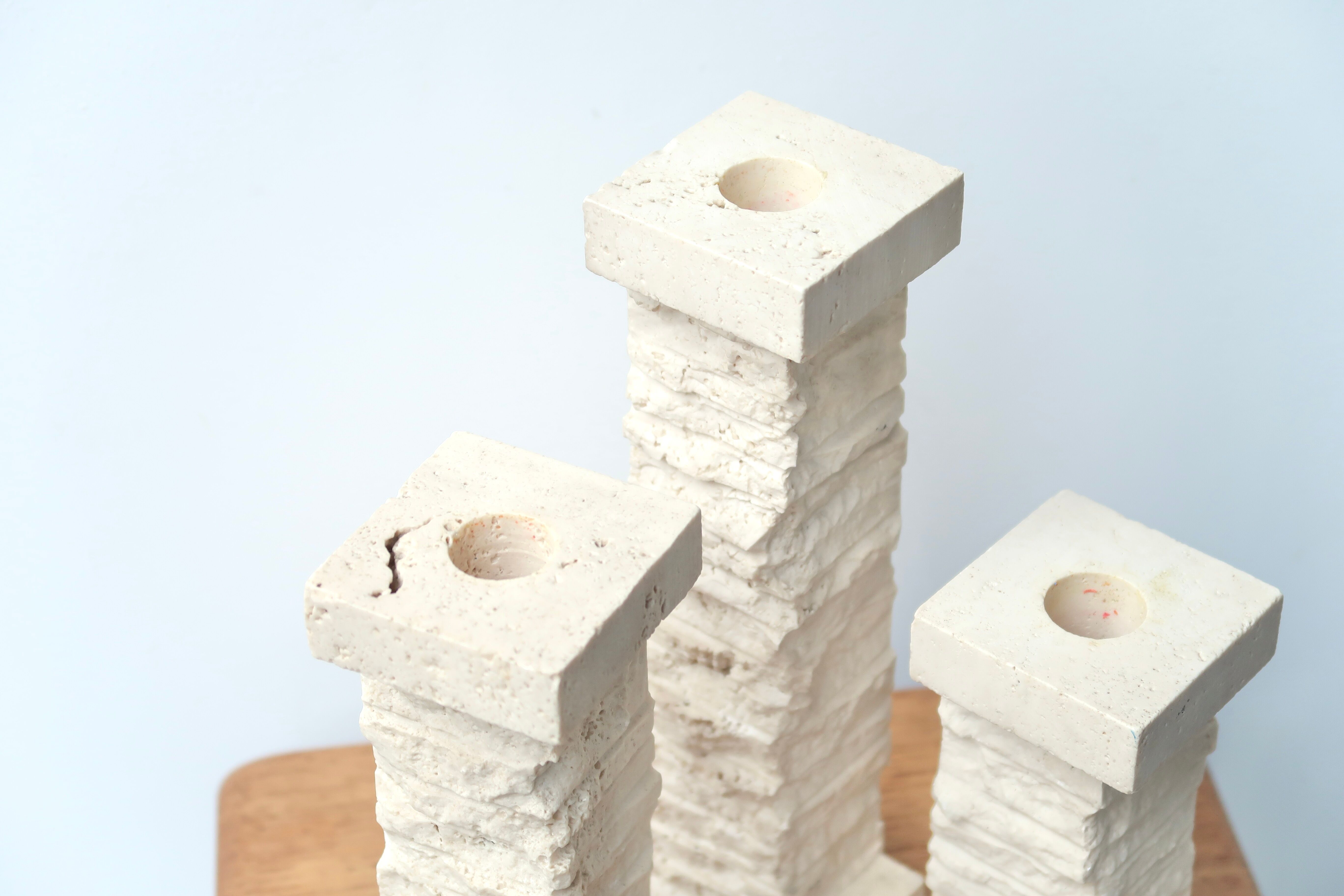 Set of 3 travertine column candlesticks Marble Art Marta, 70s