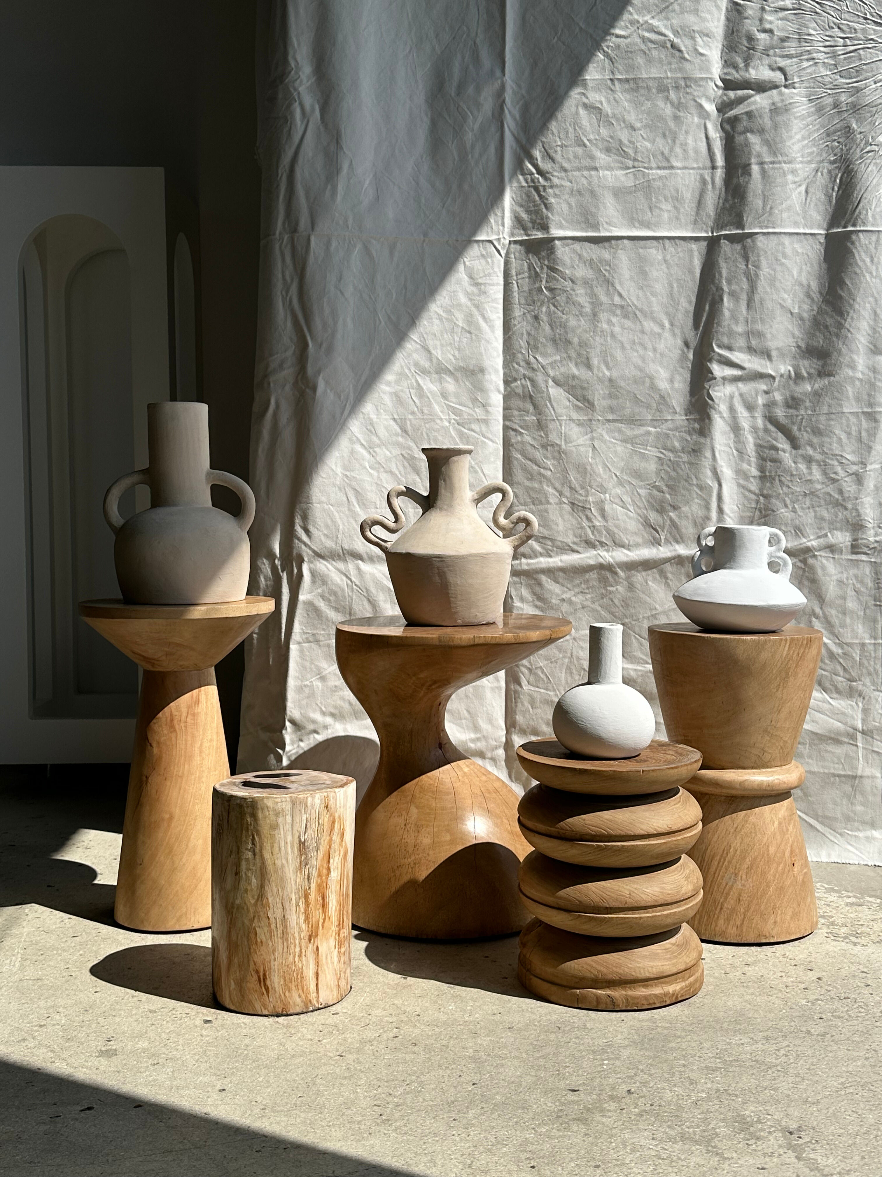 Handmade terracotta vase painted white with double handles H:16 D:20