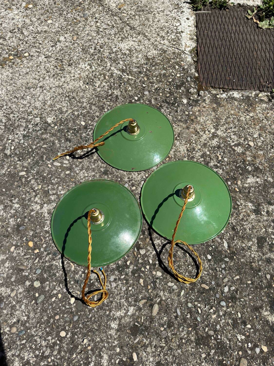 Lot of 3 vintage pendant lampshades in green and white enamelled sheet metal, industrial farm
