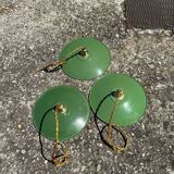Lot of 3 vintage pendant lampshades in green and white enamelled sheet metal, industrial farm