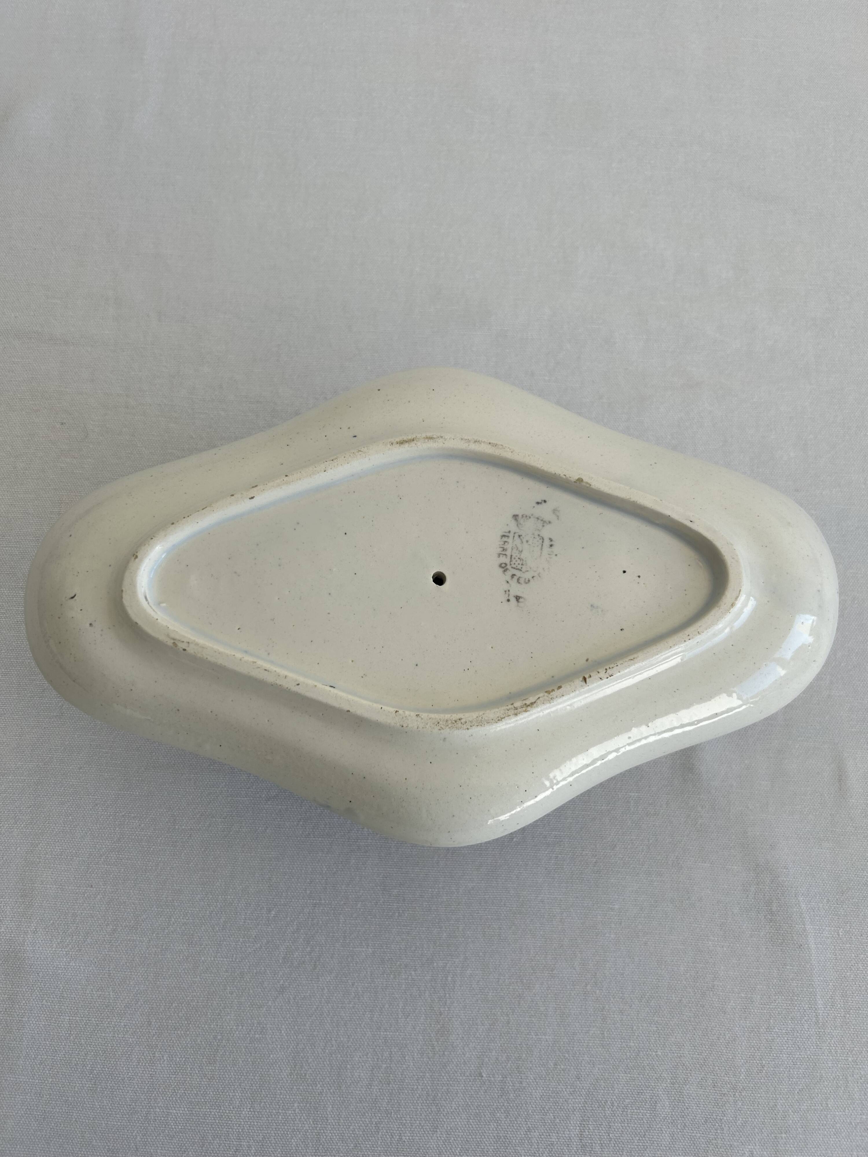 Antique sauce boat in earthenware – Grigny – blue floral decoration