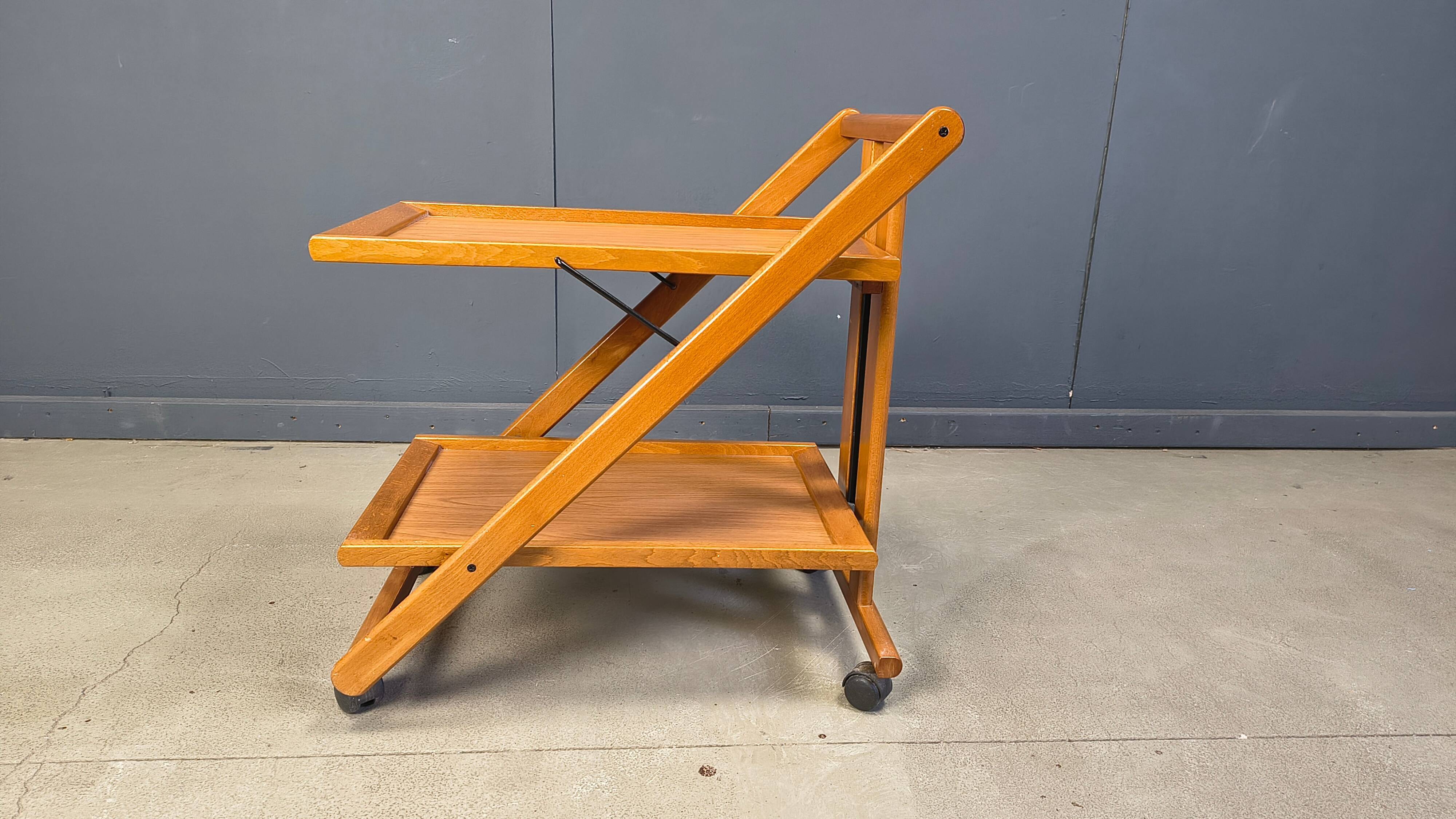 Vintage Italian foldable wooden serving cart, 1980s