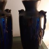 Paire de vases en grés émaillé bleu brillant et glaçure marron. art nouveau.