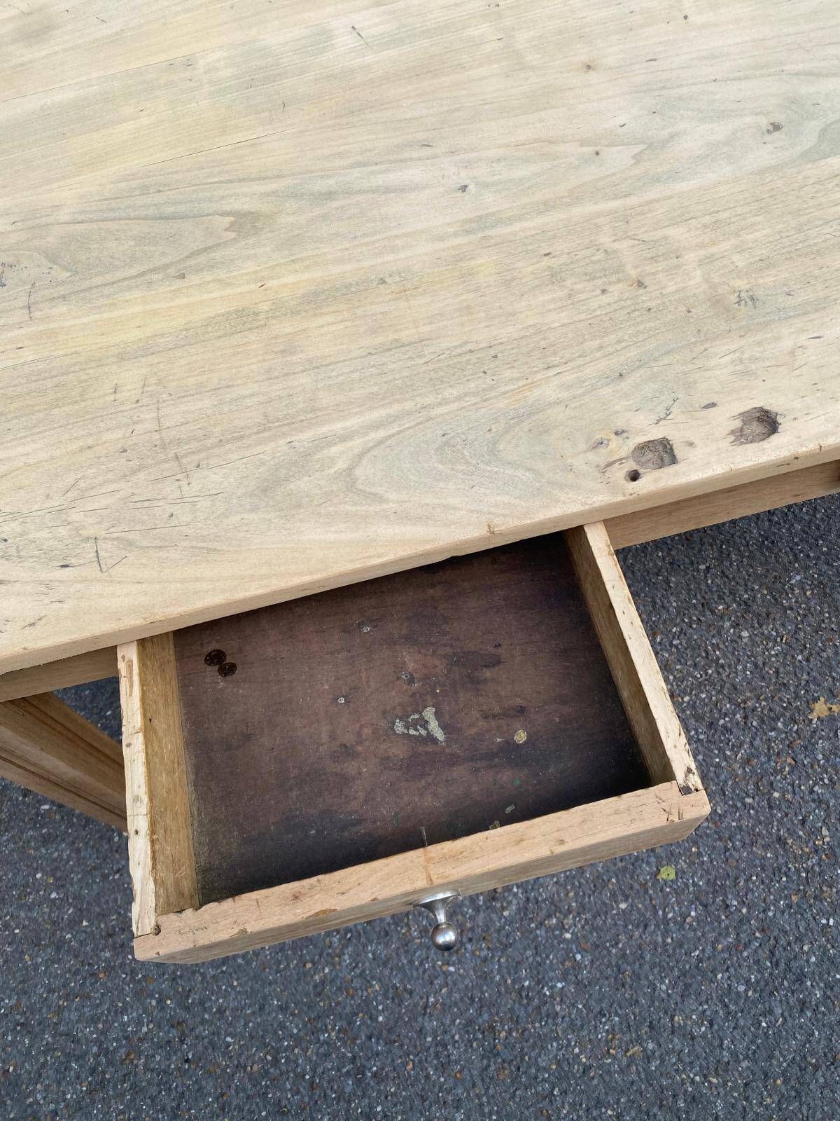 Renovated farmhouse table in raw solid wood with 2 drawers, 1920, 140x80cm.