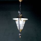 Mid-Century Brass, Black Metal and Opaline Gilt Glass Lantern and sconces, Maison Lunel, France