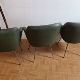 Three green skai chairs with chrome feet