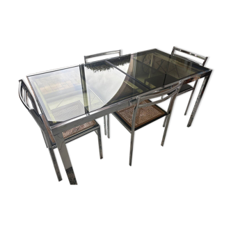 Vintage dining set – smoked glass & chrome – 5 chairs – year