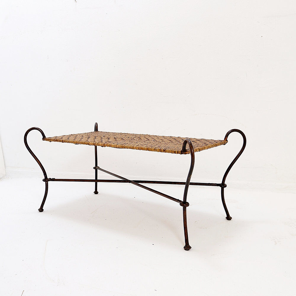 Vintage coffee table in wrought iron and woven rattan - 1970s