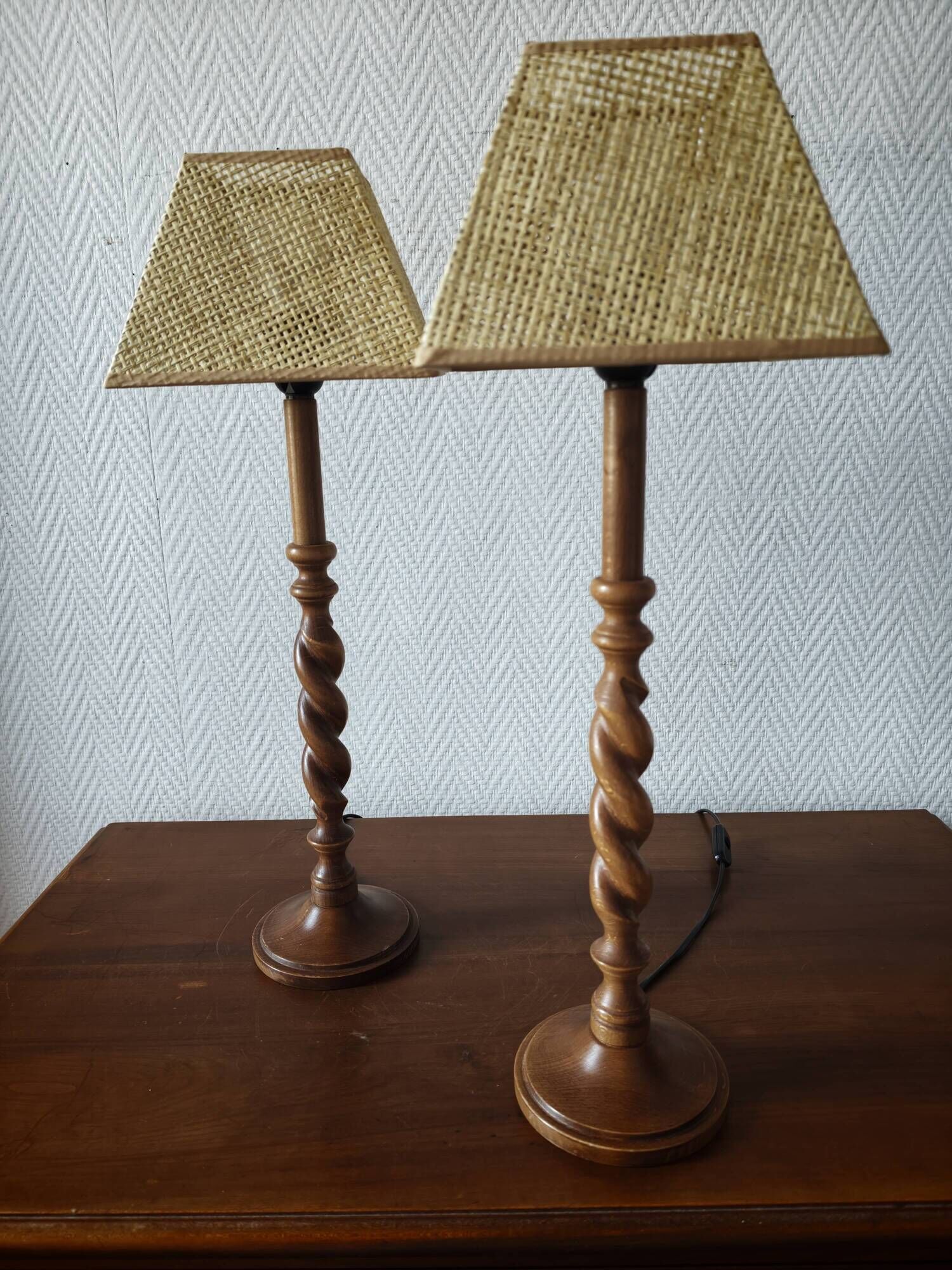 Pair of tall turned wooden lamps
