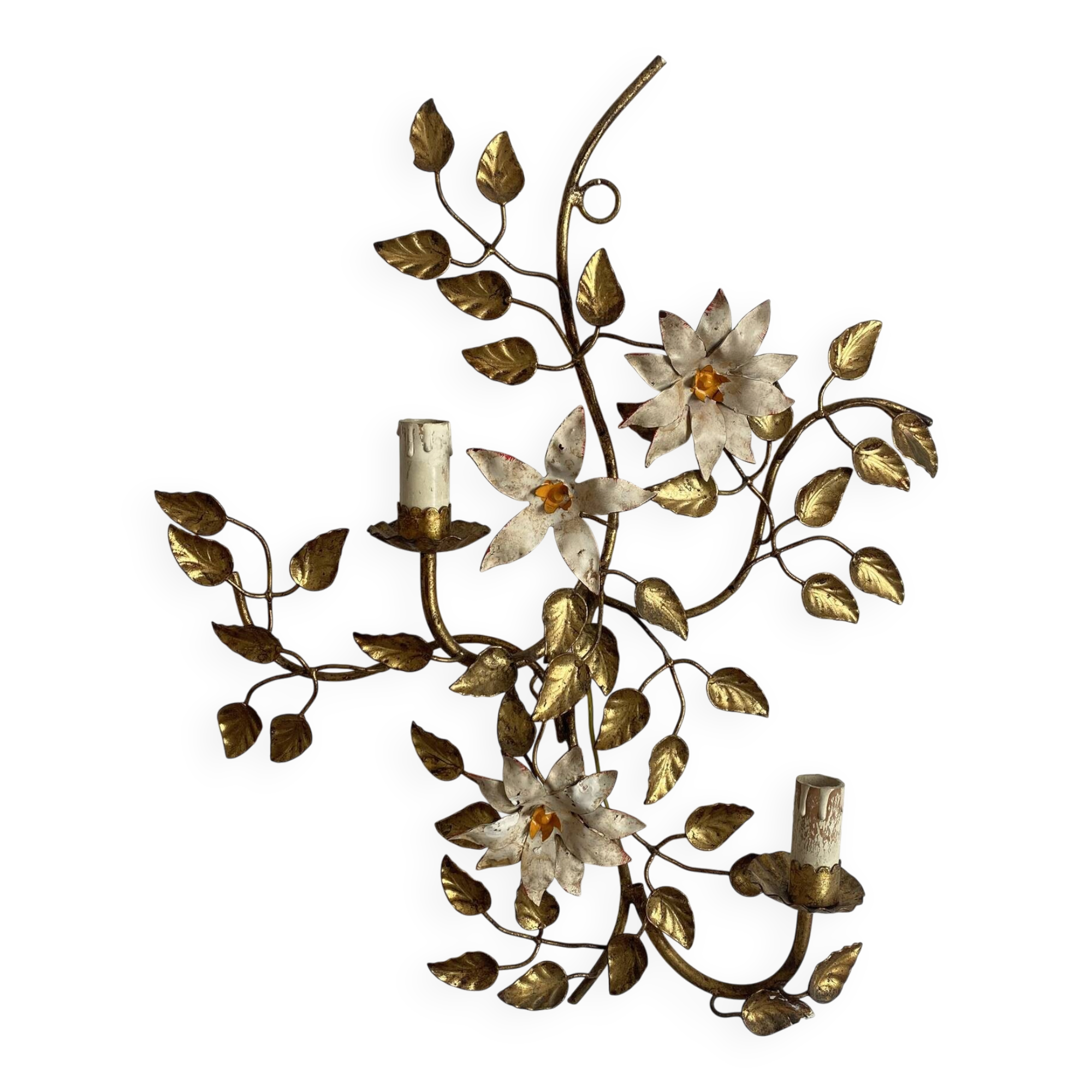 Grande applique fleurs et feuillage en métal doré années 50-60