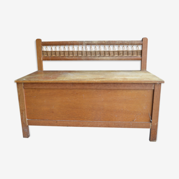 small chest has wood and rattan vintage children's toys