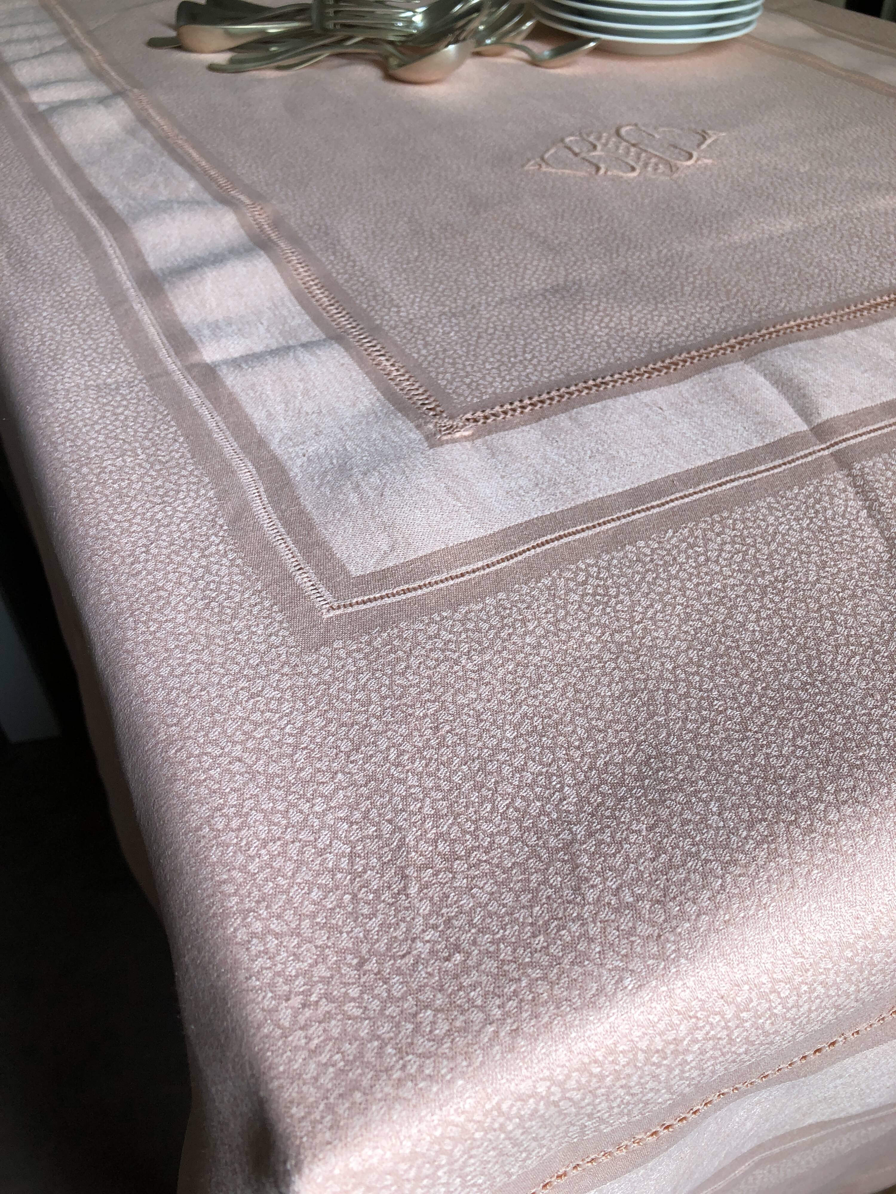 Old damsed tablecloth in linen and silk coral