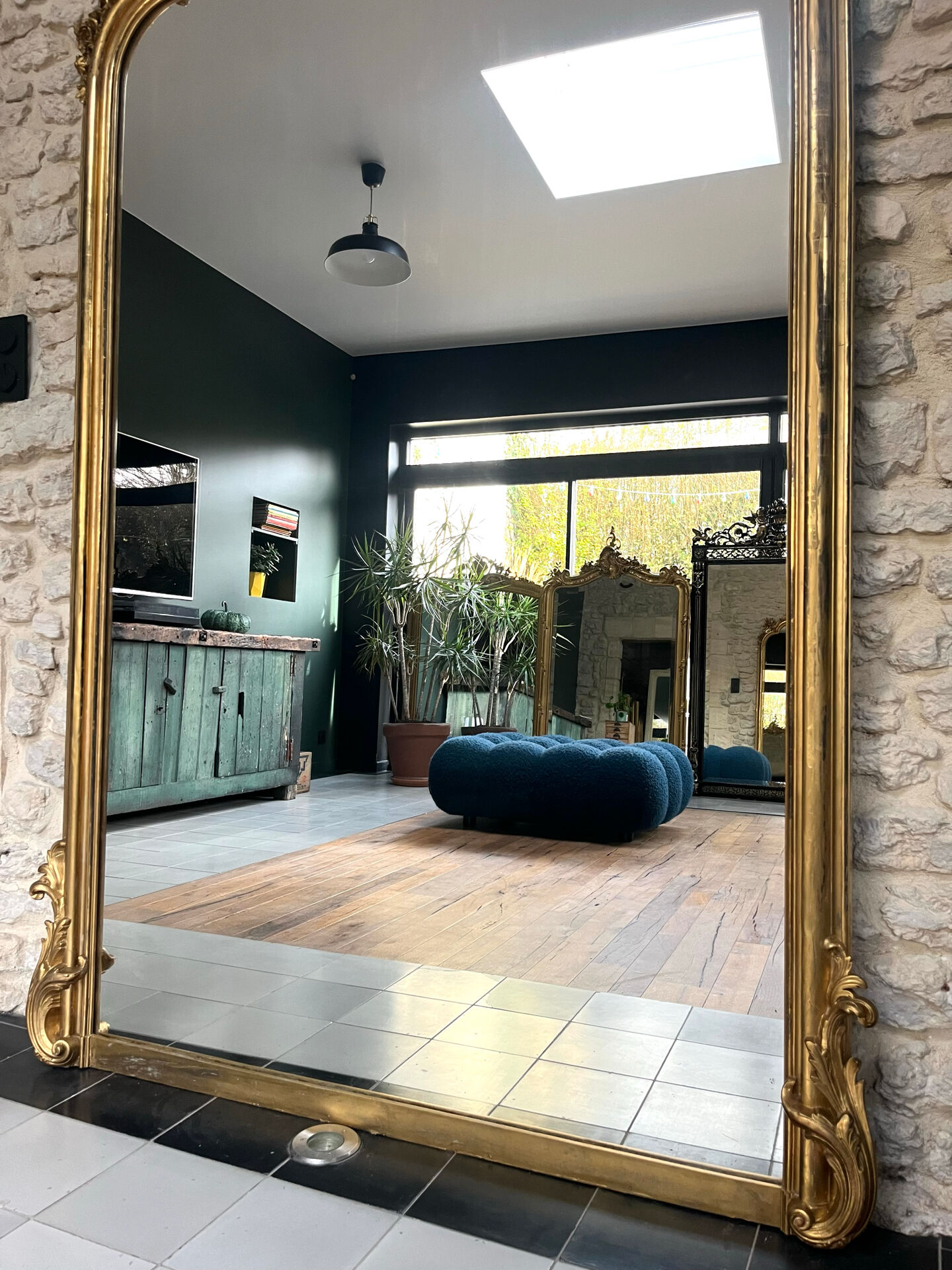 Gold leaf mirror with pediments, 219/131cm, overmantel.