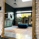 Gold leaf mirror with pediments, 219/131cm, overmantel.