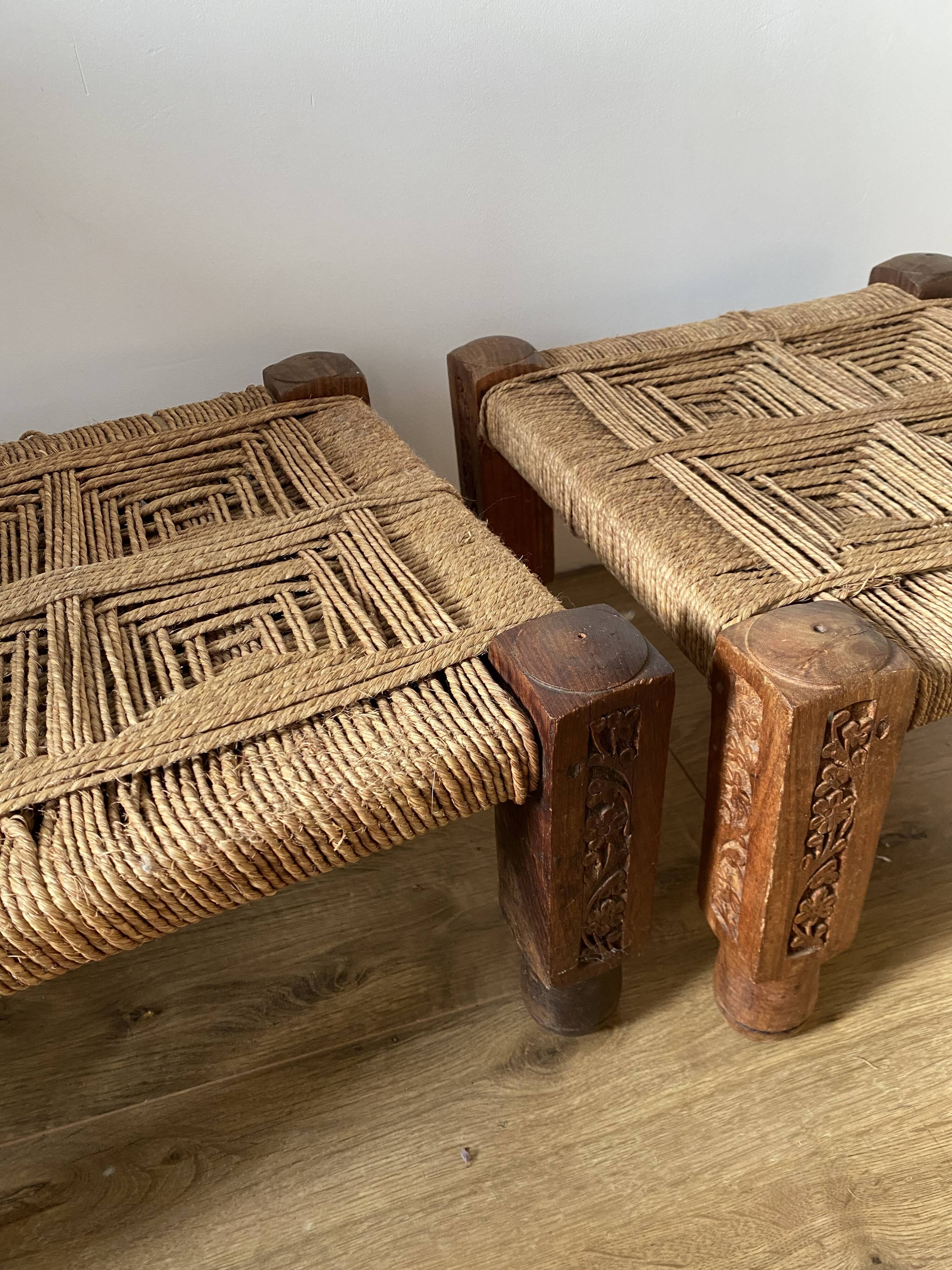 3 wooden and rope charpoy stools