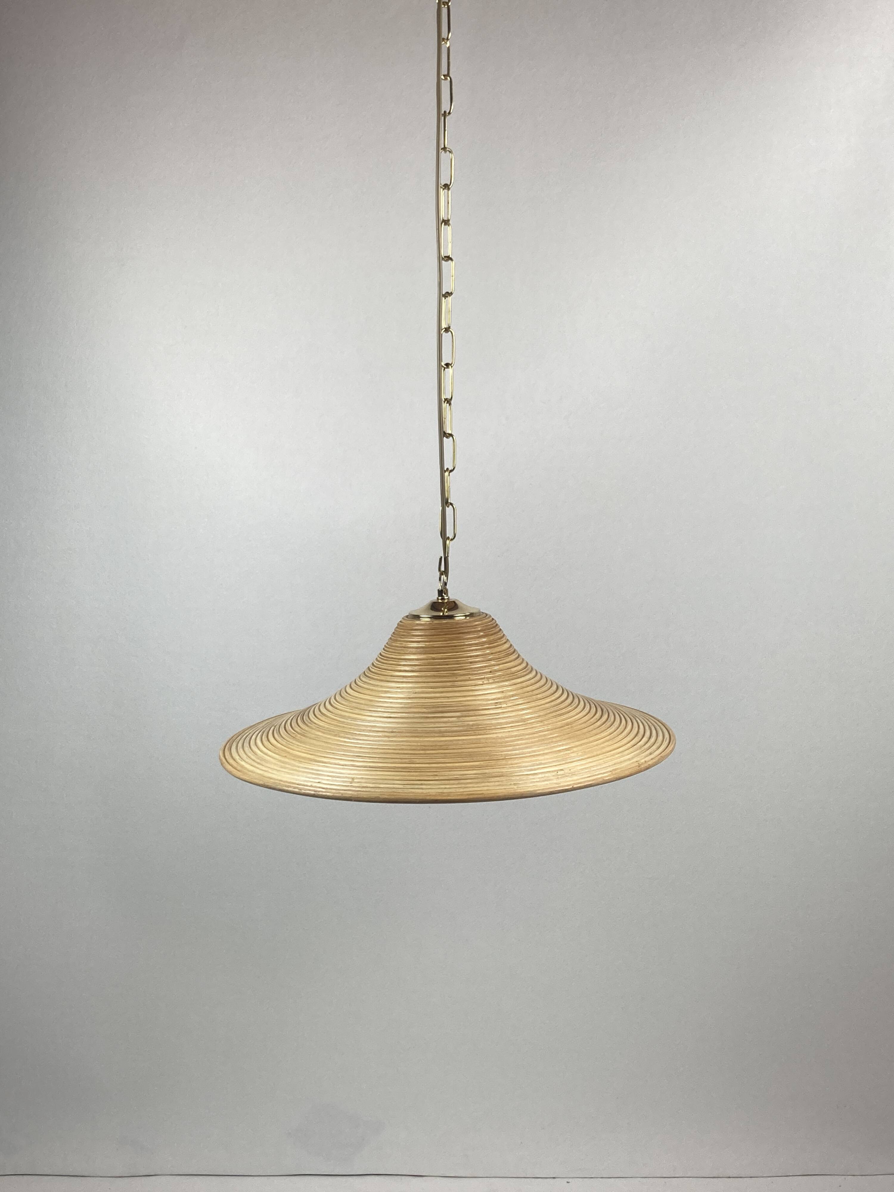 Pencil Split Reed, Rattan, Bamboo & Brass Pendant hanging lamp, Italy, 1970s