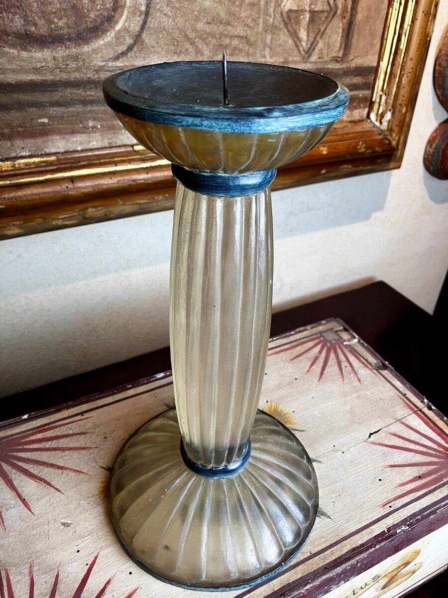 Art Deco Frosted Acrylic and Verdigris Brass Pricket Candleholder