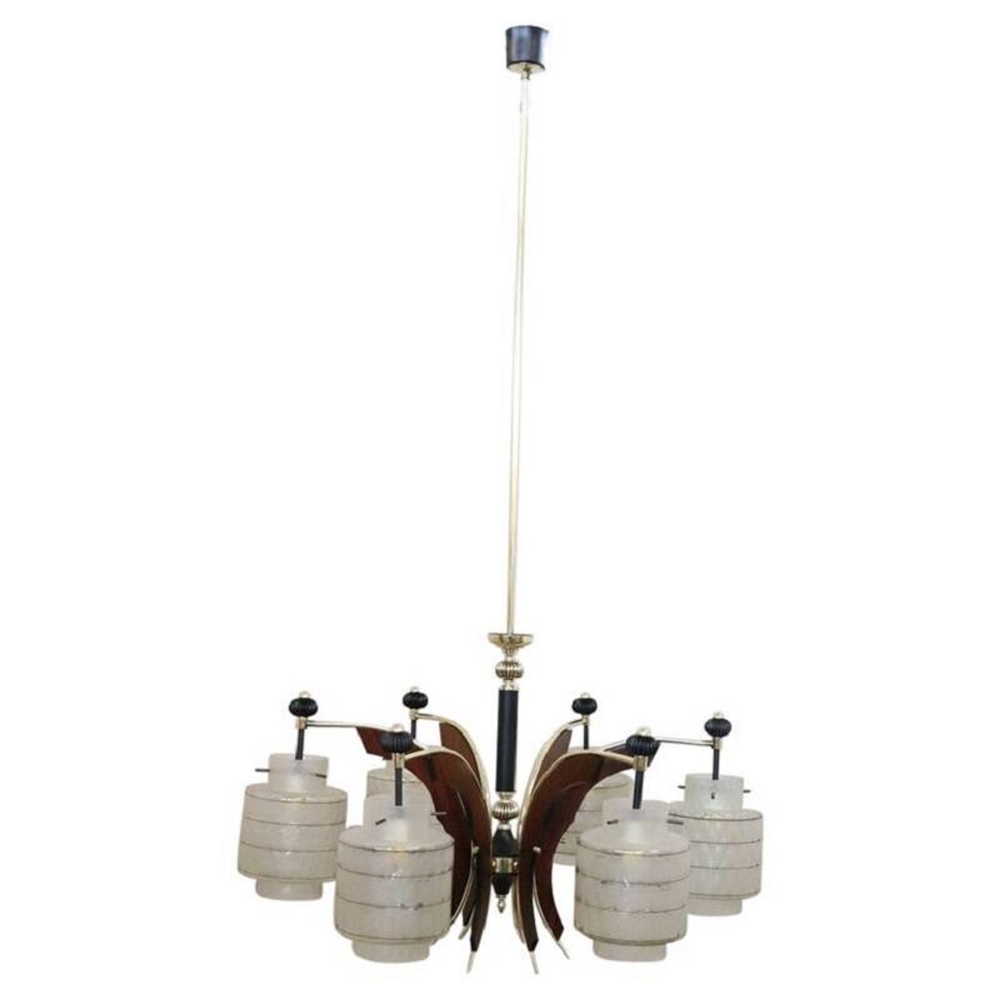 Glass, wood, brass and black lacquered metal chandelier, Italy, 1950