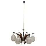 Glass, wood, brass and black lacquered metal chandelier, Italy, 1950