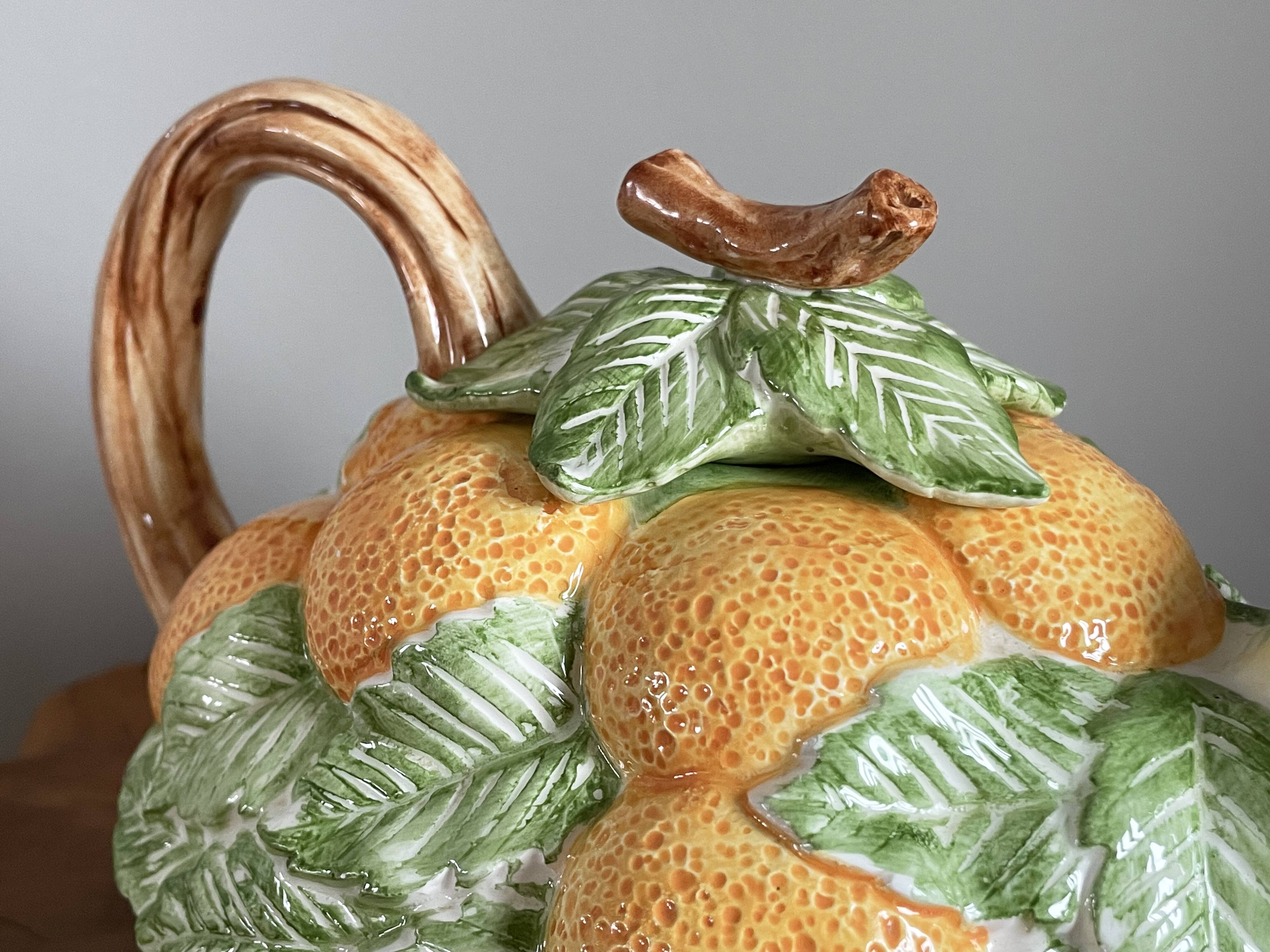 Fitz & Floyd ff1986 turtle jug or teapot with oranges and leaves, american majolica tableware