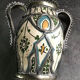 Old safi pottery vase in polychrome paint and metal sculpture décor 14 cm