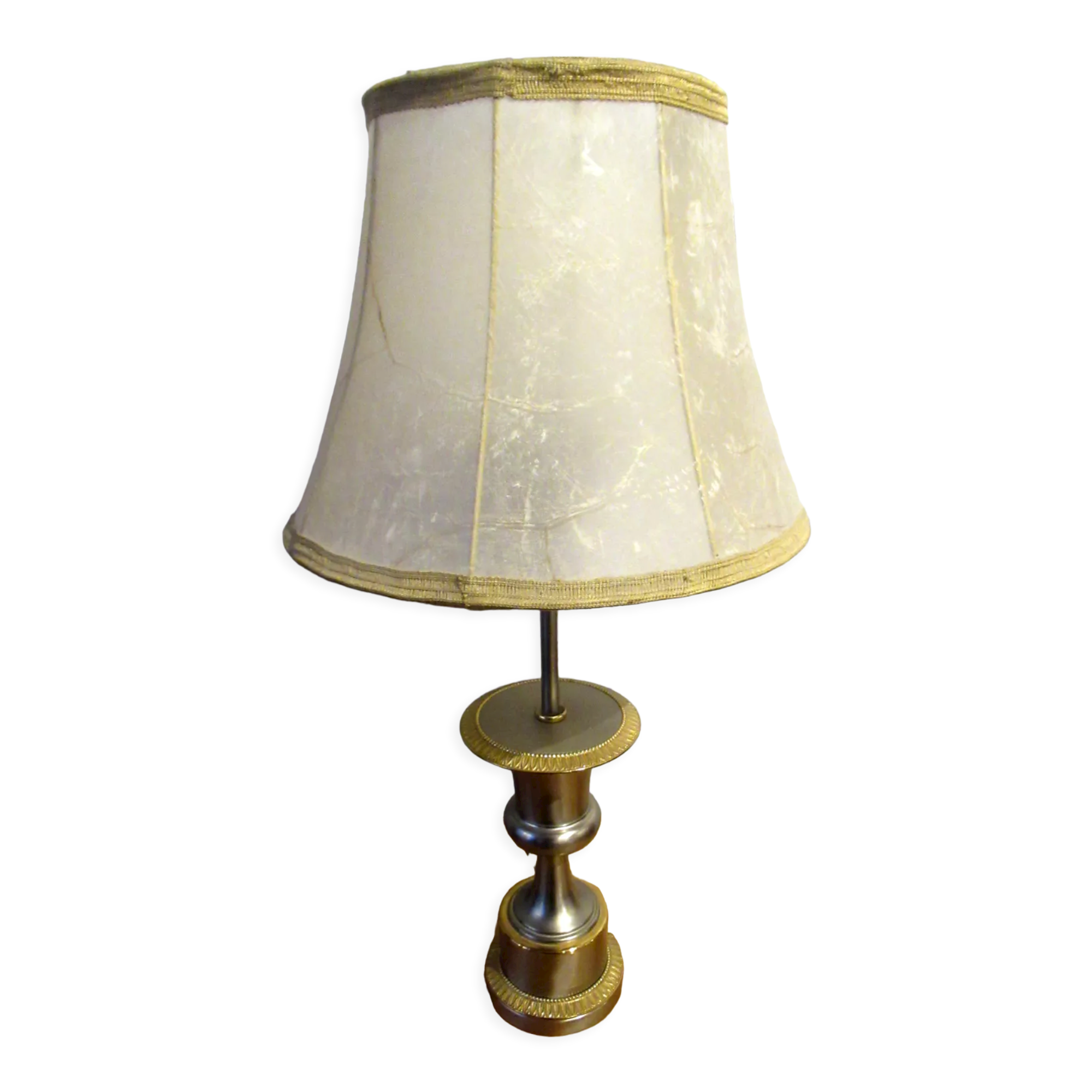 Vintage lamp, steel and brass. Pig bladder lampshade