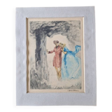 Georges Villa (1883-1965) - Colour lithograph - Gallant scene