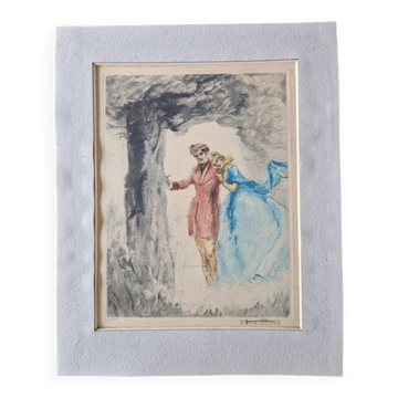 Georges Villa (1883-1965) - Colour lithograph - Gallant scene