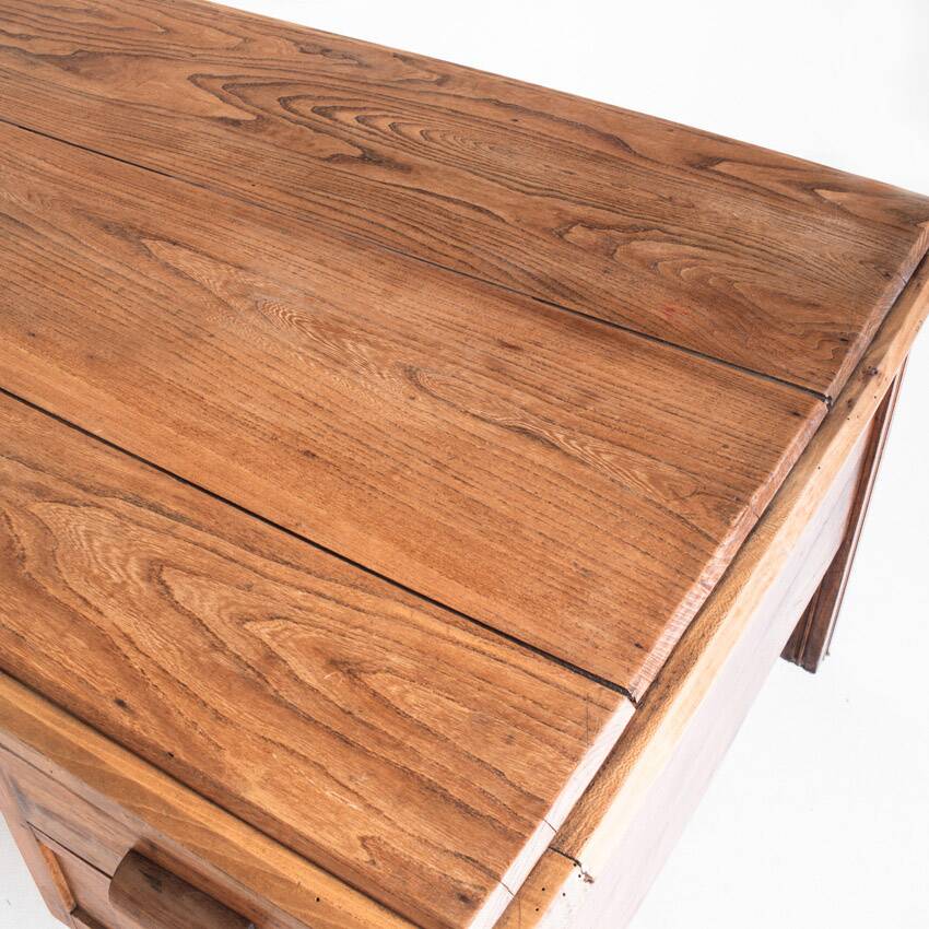 Large vintage two-seater desk. Solid chestnut wood. Restored. France, 1940s