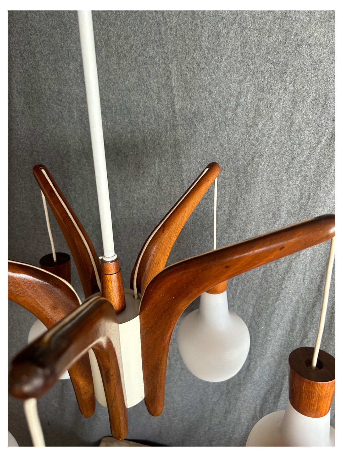 Vintage teak and opaline chandelier