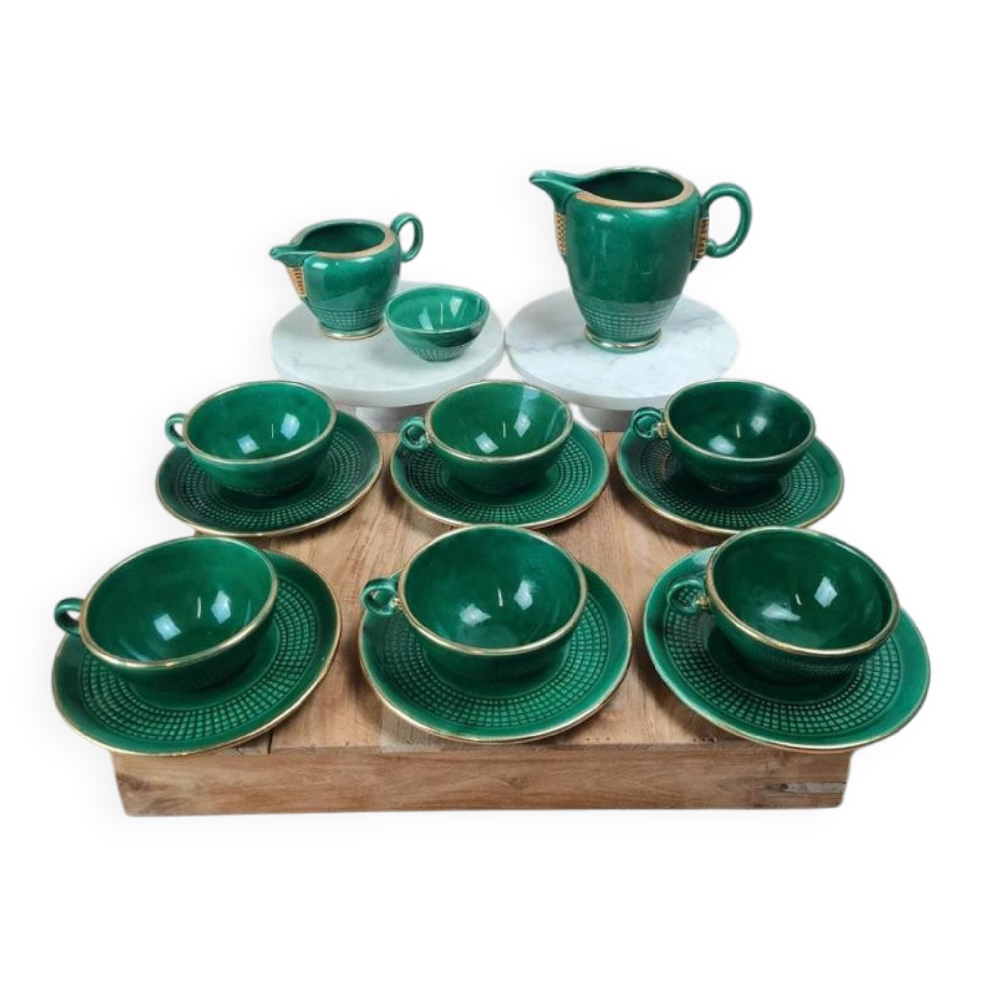 Service à café / thé Saint-Clément modèle 4044 vert émaillé doré – Art déco