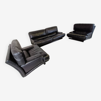 Vintage black leather sofa set, 1970s