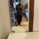 Vintage wooden dressing table with beveled mirror