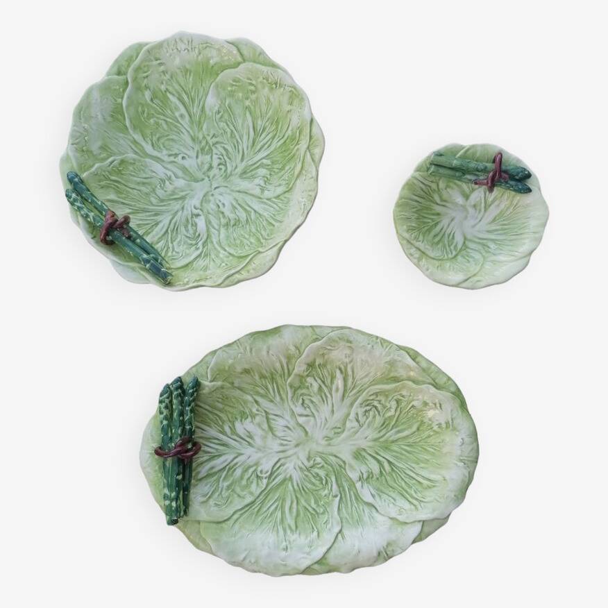 Set of 3 vintage asparagus and cabbage leaves slip dishes made in Italy