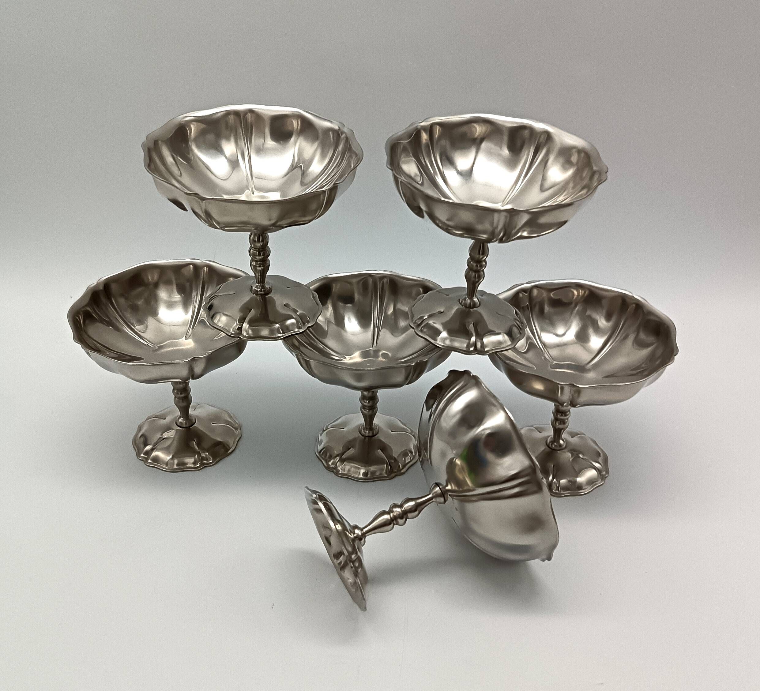 6 STAINLESS STEEL ICE CREAM CUPS, vintage, Le Grün Du vert Orfèvres