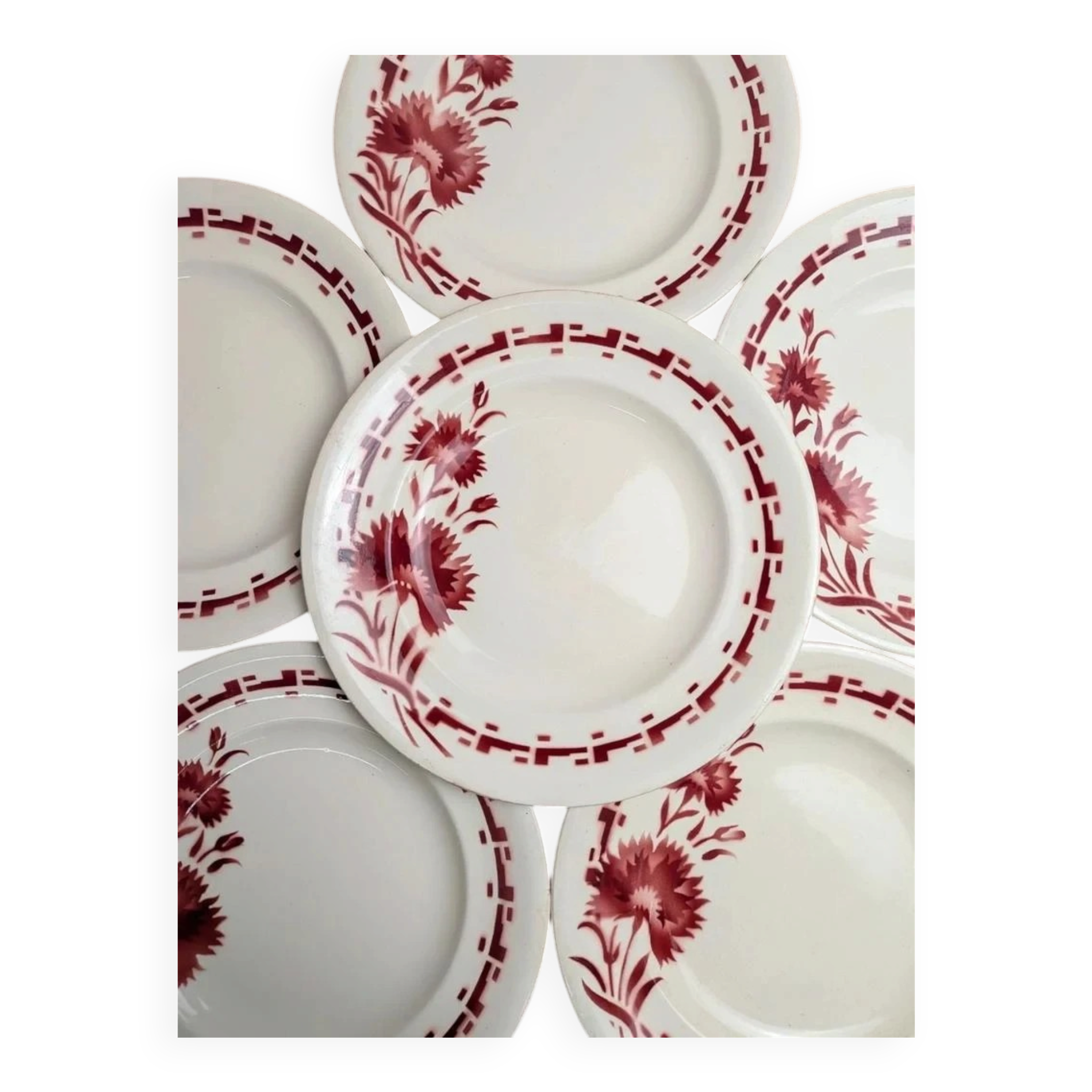 Set of 6 flat plates in ironstone Longwy – Viennese model – Red flowers