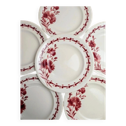 Set of 6 flat plates in ironstone Longwy – Viennese model – Red flowers
