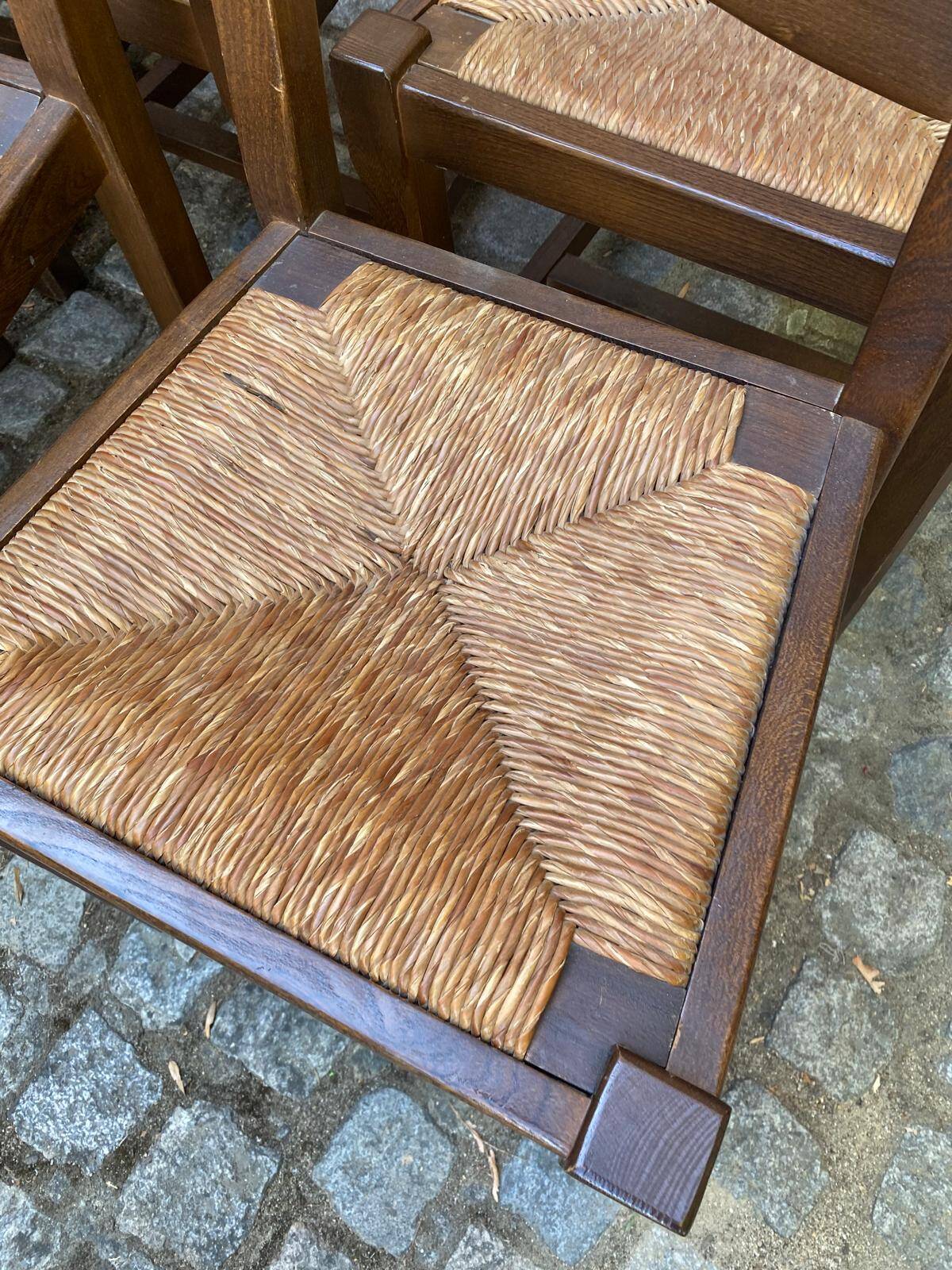 6 chaises à manger bois massif foncé paillées des années 70