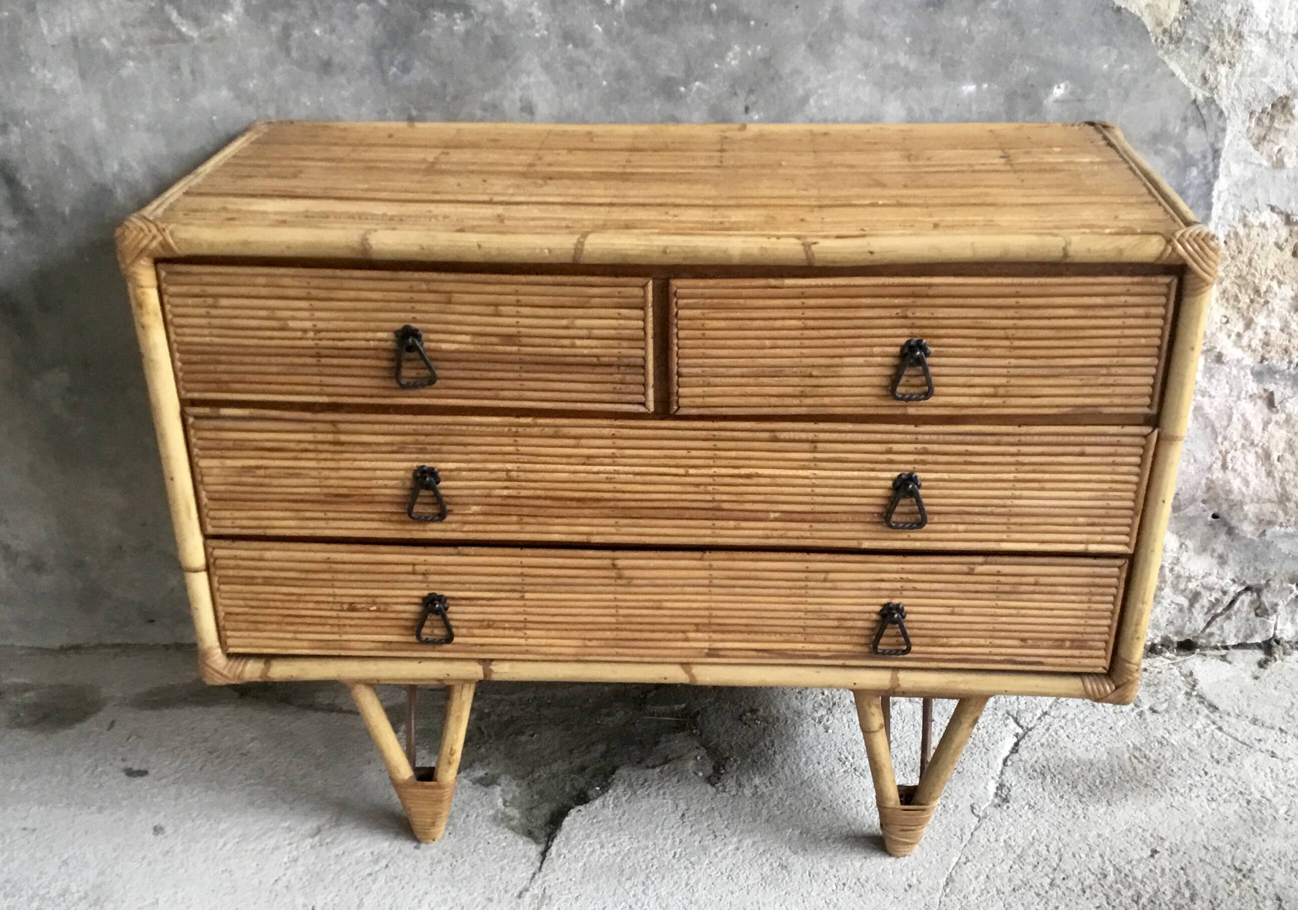 Bamboo and rattan chest of drawers - vintage 1960s