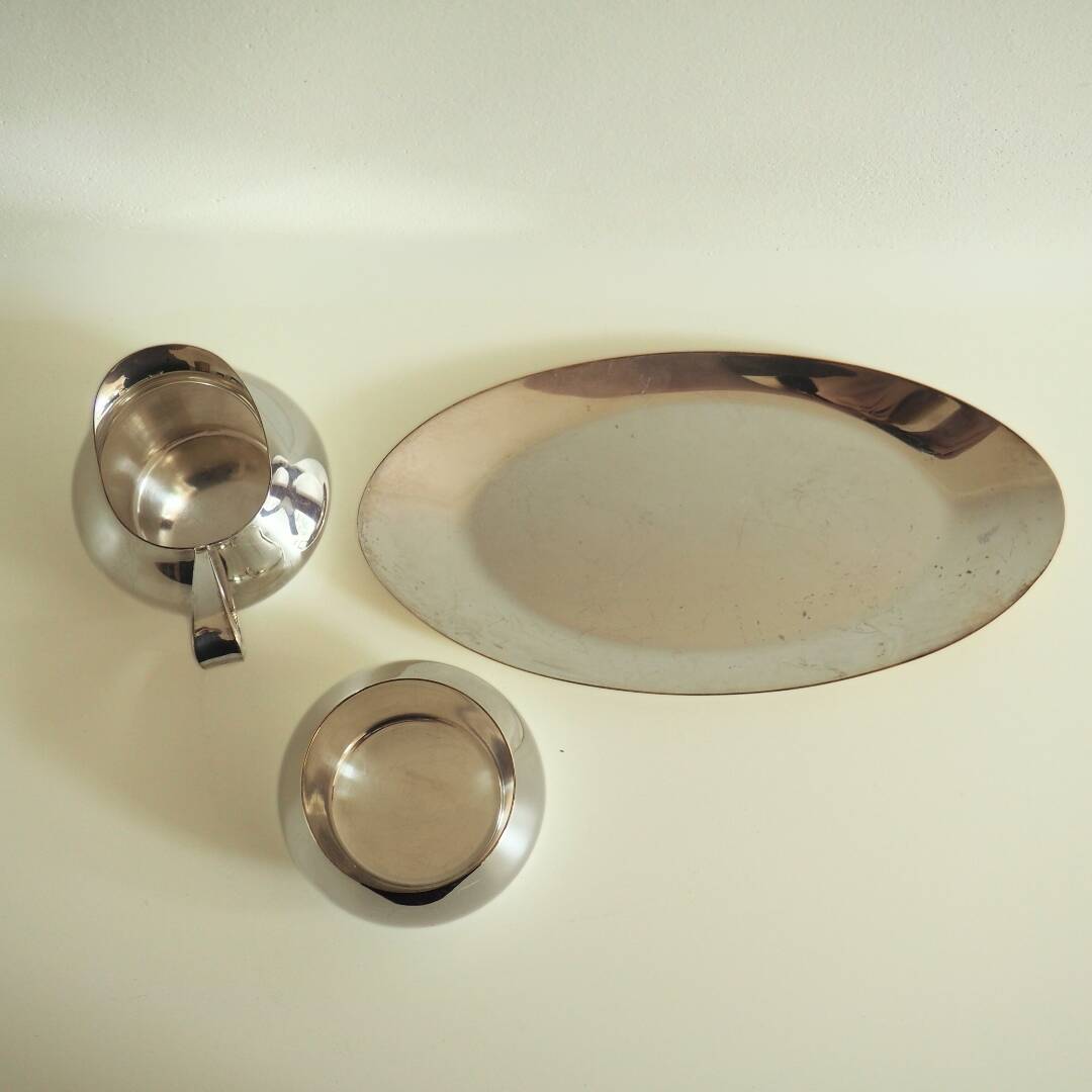 1960s Bauhaus Wagenfeld Silver Plate Sugar Cream Serving Set