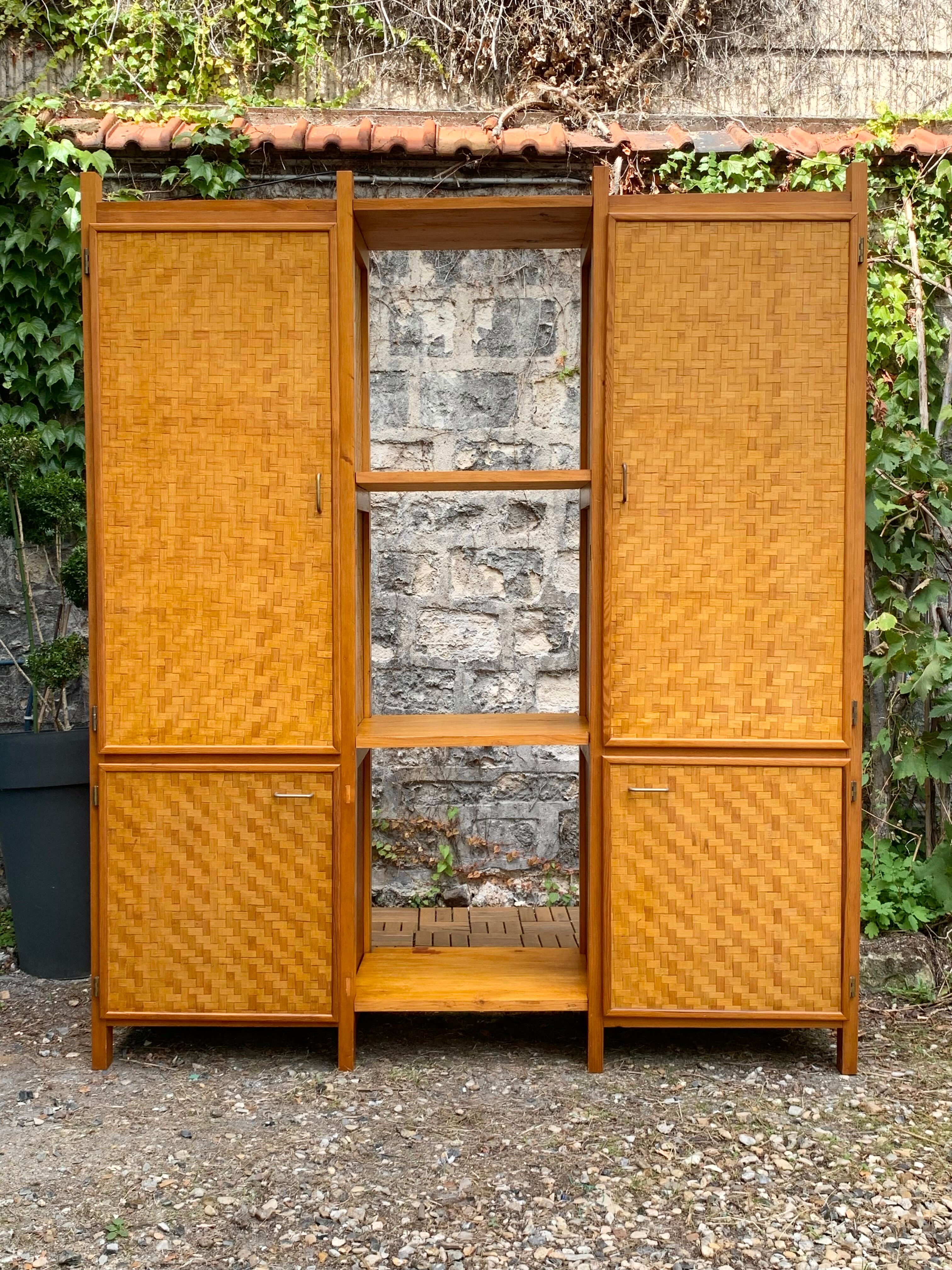 Bamboo cabinet woven and modular pine vintage 1960