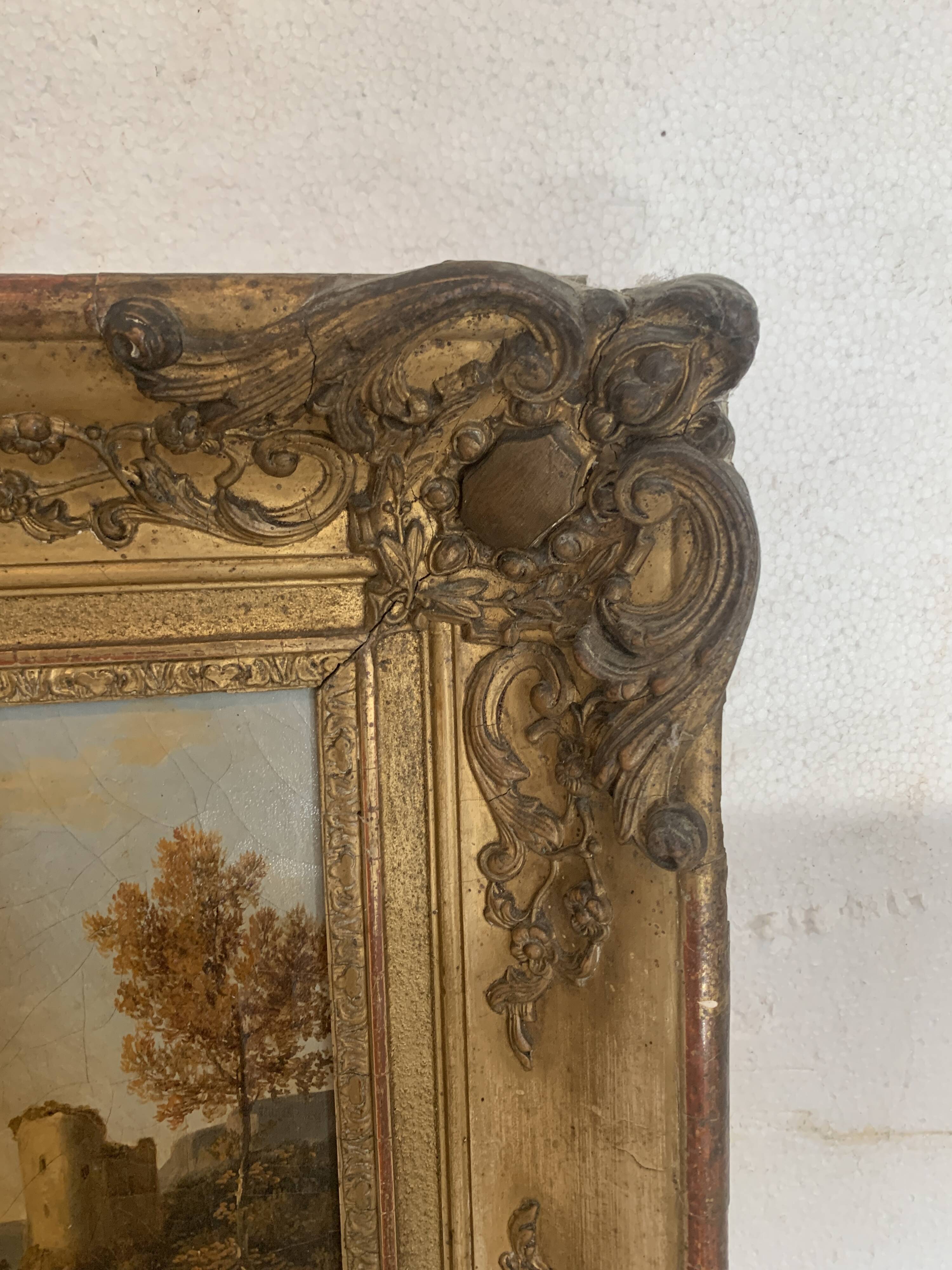 Oil on canvas "Animated landscape" wooden frame and gilded stucco 19th century